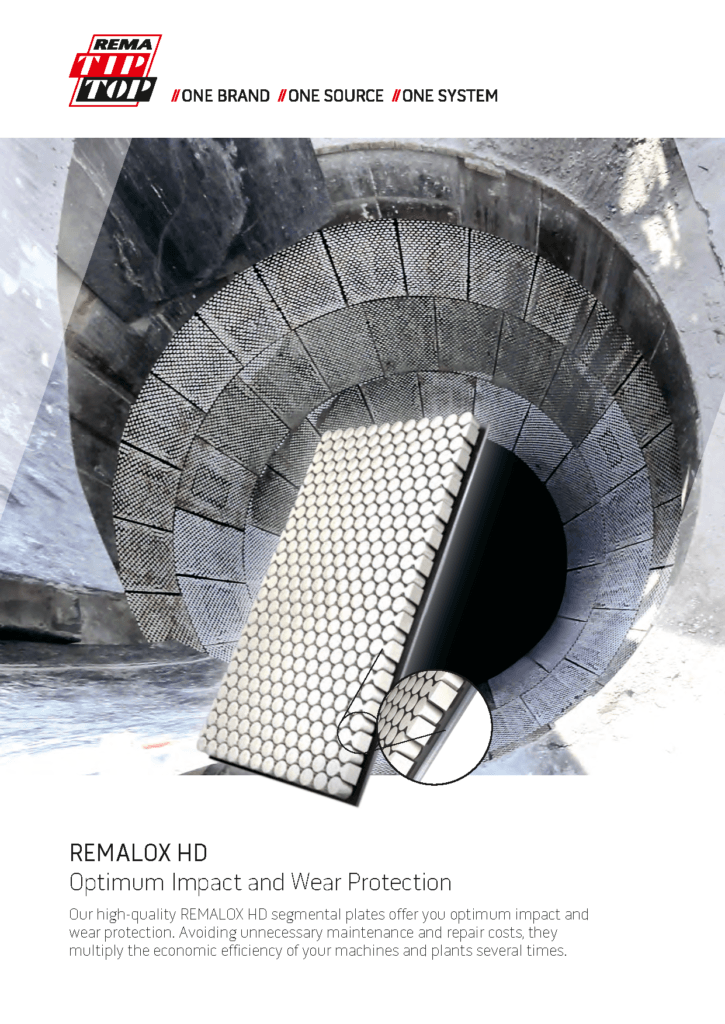 Produktblad för REMALOX HD – slitstarka keramiska gummiplattor för industriellt slitage- och stötskydd.